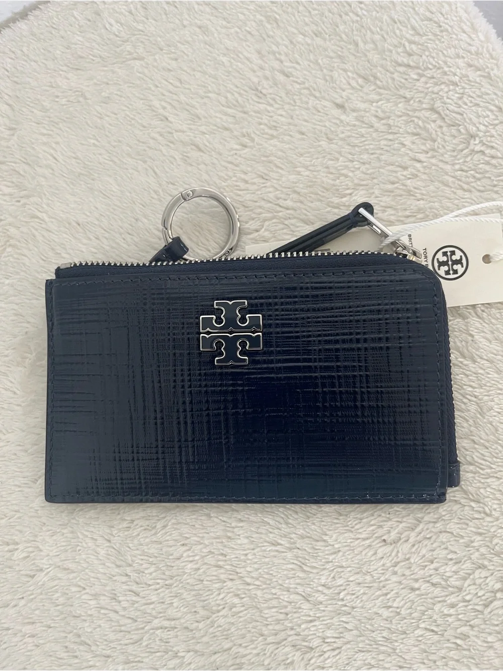 Tory Burch Navy Patent Zip Card Holder with Logo